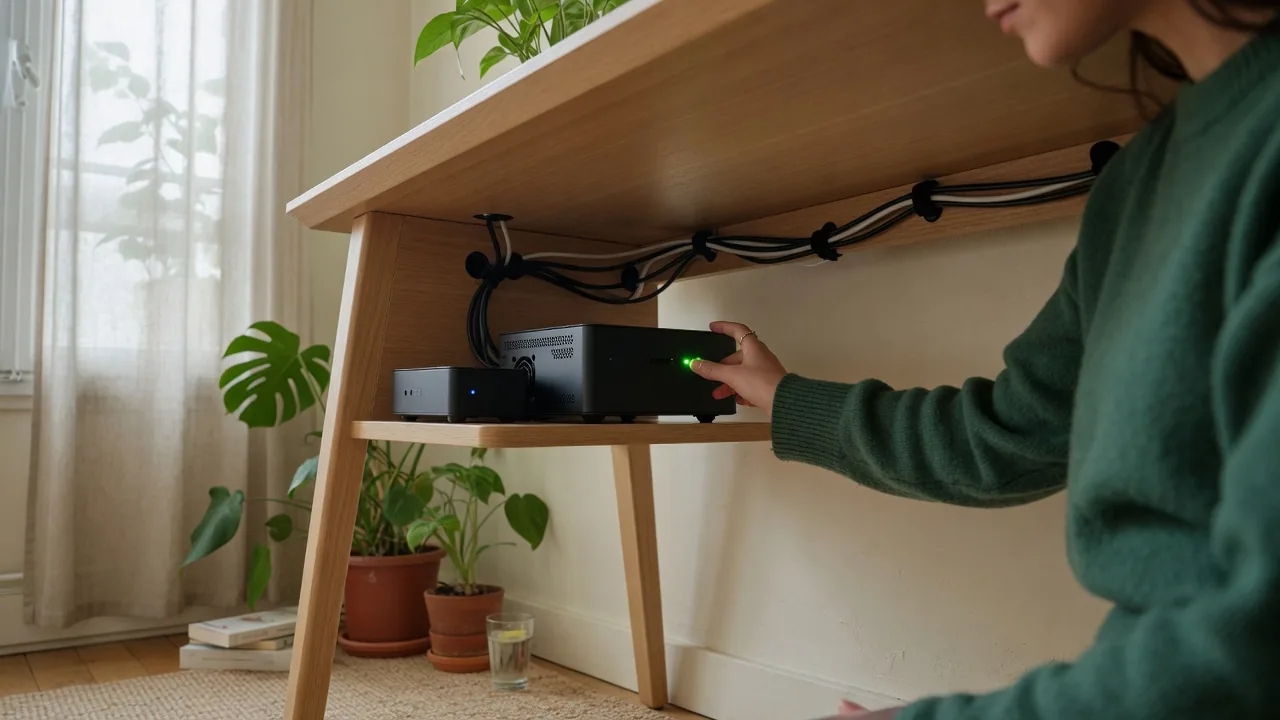 Mini-serveur allumé sous un bureau, inférence locale